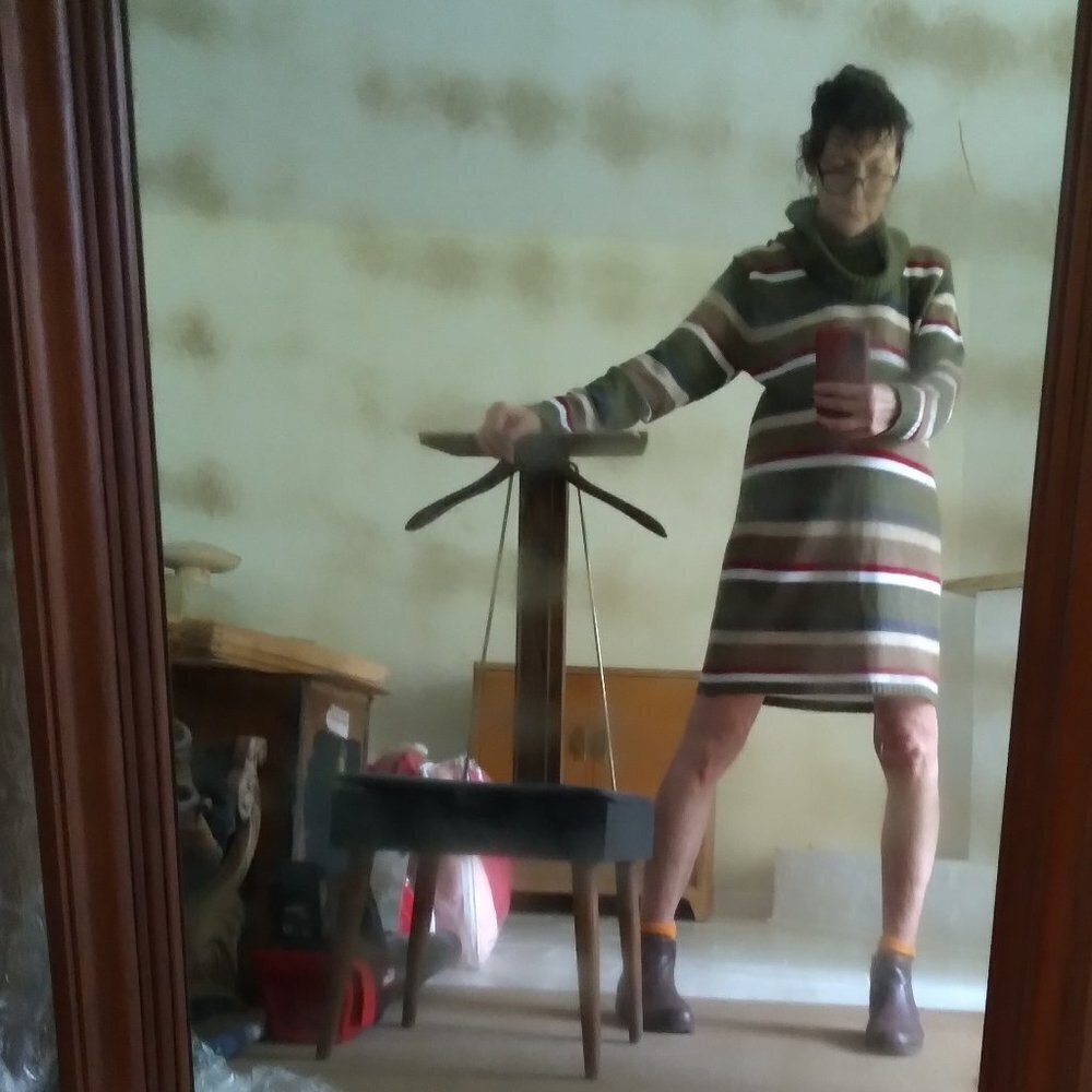 Mod Striped Green Earthtones Knit Cowl Neck Long Sleeve Midi Dress Sz L
